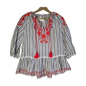 Broome Street By Kate Spade Women Sz S Grey&White Shirt, Red Embroidery